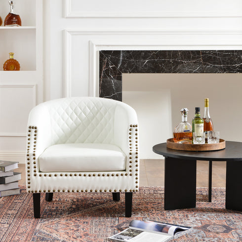 Louis Faux Leather Tufted Club Chair - White Accent Chair | Decorative Accent Chairs | Kinwell Furniture | Modern Club Chairs | Barrel Club Chair | Nailhead Trim Chair | Contemporary Faux Leather Chair | Elegant White Chair